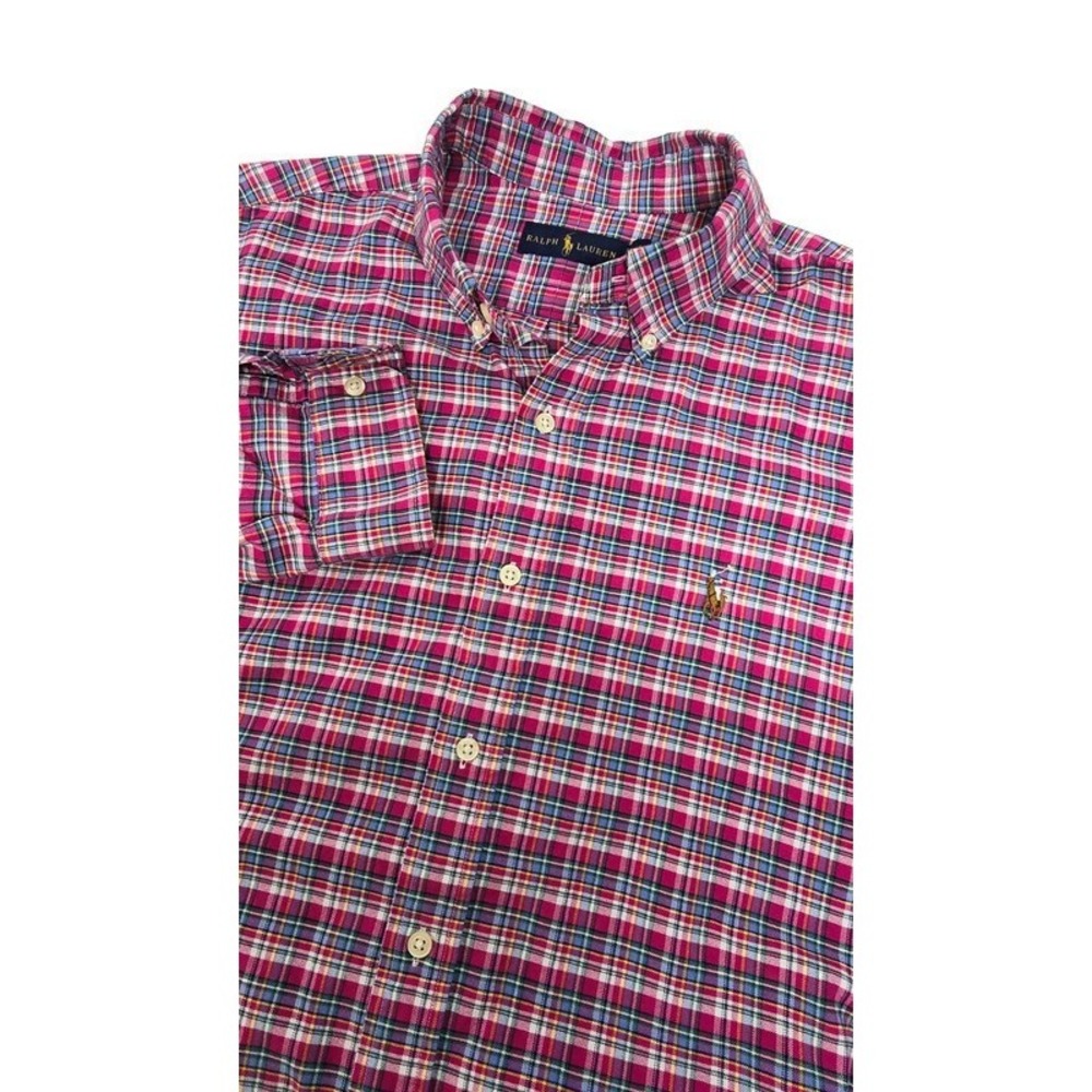 Ralph Lauren Mens Large Plaid Button Down Shirt Pink Blue Cotton Long Sleeve